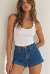 American Apparel High Waisted Cuff Denim Shorts Size 28 Blue Jean Vintage Photo 0