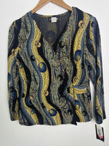 NWT! Sharon Anthony MD Blue Gold Abstract Swirl Buckle Wrap Artsy Y2K Top Shirt Photo 0