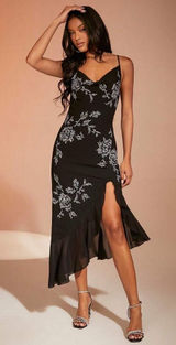 SHEIN BAE Rhinestone Floral Pattern Split Thigh Cami Dress Size Large Photo 0