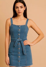 rewash Button-Front Denim Dress with Waist Tie blue small nwt Photo 0