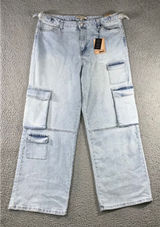 Love Cult Cargo Pants Women 1X 36x29.5 Wide‎ Leg Stretch Utility Denim Jeans NWT Photo 0
