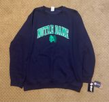 Genuine Merchandise Navy Notre Dame crewneck sweatshirt with green arched text and logo, size L #collegiate #university #nortedame Photo 0