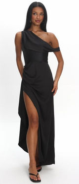 NWT Selfie Leslie Sensations‎ Off Shoulder Satin Maxi Dress Black Womens Size M Photo 0