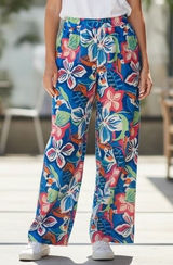 Sincerely Jules Tropical Floral Linen Blend‎ Wide Leg Pants Blue Pink Medium NWT Photo 0