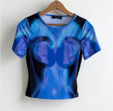 White Fox Boutique Blue Cyber Graphic Baby Tee Short Sleeve Crop Top Small Photo 0