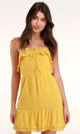 Lulus Mustard Yellow Strapless Boho Mini Dress Crochet Fringe Tassel‎ XL NEW Photo 0