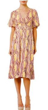 CIEBON Allicent Twist Front Puff Sleeve Midi Dress Size Medium Cutout Beaded Photo 0