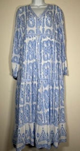 Vintage Ibiza Maxi Dress Blue White Block Print Tiered Resort Vacation Cotton M Photo 0