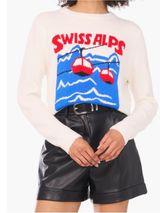Vince Camuto Cream Crewneck Sweater with Blue & Red Swiss Alps Graphic Photo 0