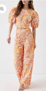Pink Orange Tropical Floral Lace Two Piece Set Crop Top Wide Leg Pants XS Photo 0