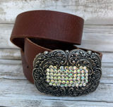 VTG Fossil Leather Belt‎ Brown Sz M Rhinestone Embellished Cowgirl Western y2K Photo 0