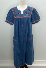 Go Softly Patio Blue Denim Butterfly Embroidered Dress House Duster Medium Photo 0
