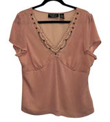 NYC Design Co Pink Embellished Blouse V Neck Sheer Sleeves Dressy Top‎ L Photo 0