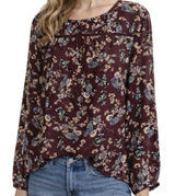 LOFT Floral Blouse XL Burgundy‎ Long Sleeve Boho Peasant Top Lightweight Women Photo 0