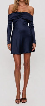 Princess Polly Sadee Off-Shoulder Navy Satin Mini Dress 4 Party Formal HOCO Photo 0