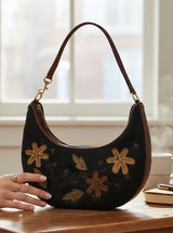 Floral Embroidered Pony Hair Crescent Hobo‎ Bag Black Brown Leather Strap Boho Photo 0