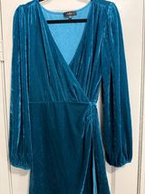 Lulus Luxe to the Touch Blue Velvet Long Sleeve Wrap Womens Mini Dress Teal XL Photo 0