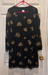 Cabi 3697 Black Gold Floral Embroidered Swiss Dot Shift Dress Womens Large‎ Rose Photo 0
