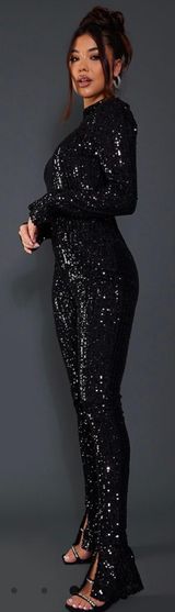 Pretty Little Thing Black Sequin High Neck Flared Hem Jumpsuit Photo 0