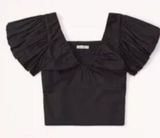 Abercrombie & Fitch Black Puff Sleeve Babydoll Top L Cropped Smocked Coquette Photo 0