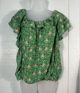 Max Studio Top Green Floral Women's Elastic Shoulder Top Size Large EUC Photo 0