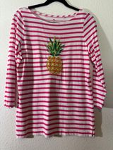 Tommy Bahama Womens Size S Pink White Striped Pineapple 3/4 Sleeves Boatneck Top Photo 0