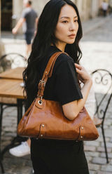 Nino Bossi Womens Leather‎ Shoulder Bag Cognac Brown Silver Hardware Zipper Top Photo 0