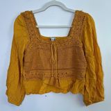 NWT American Eagle Crochet Boho Cropped Ruffle Hem Mustard‎ Yellow Top Blouse Photo 0