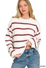 Zenana Wool Blend Striped Sweater - Burgundy - Medium Photo 0