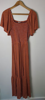 Ember Med Rust Orange Polka Dot Smocked Maxi Dress Flutter Sleeve Cottage Boho Photo 0