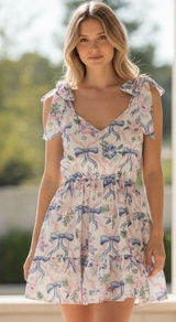 Simply Southern Bow Floral Mini Dress Tie‎ Shoulder Back Cutout Size Large Photo 0