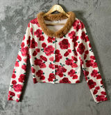 For Love & Lemons Carol Floral‎ Cardigan Faux Fur Rose Print Coquette Wool XL Photo 0