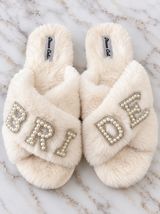 Bride Fuzzy Pearl Rhinestone Slippers – Cream – Size M 7/8 Photo 0