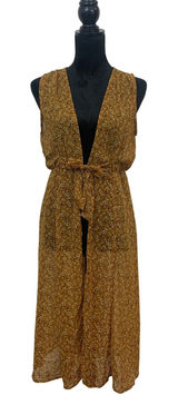Liberty Love Women's S Boho Floral Duster Vest Mustard Yellow Sheer‎ Tie Front Photo 0