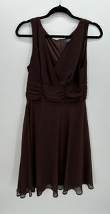Chocolate Brown‎ Chiffon Ruched V-Neck Sleeveless Midi Dress Sz 12 Whimsigoth Photo 0