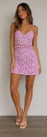 Sherri Hill Lavender Crochet Lace Mini Dress with Tassel Trim Photo 0