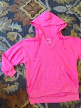 Aerie Bright Pink V-Neck Distressed Hoodie Sweatshirt Photo 0