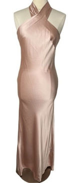 LOVELY Imogen Draped Twist Halter Tie-Back Trumpet Gown in Toasted‎ Sugar, XS Photo 0