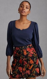 NWT Maeve Anthropologie Navy Ribbed Satin Tiered‎ Balloon Sleeve Top Size Small Photo 0