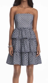 White‎ House Black Market Geometric eyelet blue and white Strapless Dress 14 NWT Photo 0