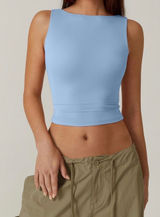 QINSEN Women's Sexy Open Back Sleeveless Crop Tank High Neck Slim Fit Cropped Tee Shirt Y2k Tops Size S . NWT Photo 0