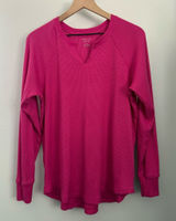 American Eagle Large V Neck Magenta Pink Thermal Long Sleeve Tee Relaxed Lounge Photo 0