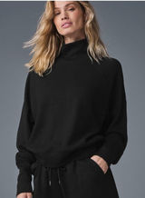 Alo Waffle Weekend Escape Mock Neck Long Sleeve Black Turtleneck Thermal Sweater Photo 0