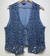 VTG Y2K Women 100% Cotton Western Vest Large Blue Denim Lattice Crochet Cowgirl‎ Photo 0