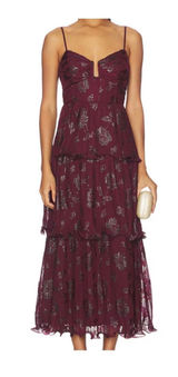 Courtesy Burgundy Metallic Floral Tiered Midi Dress – Size Photo 0