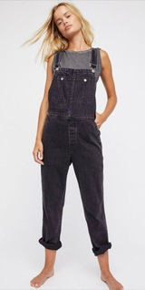 Free People Washed Black Denim Destroyed Boyfriend Overalls Utility Minimalist Photo 0
