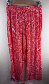 C&C California‎ Linen Wide Leg Pants Women M Red Tropical Leaf Coastal Resort Photo 0