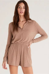 Z Supply Portabella Tan Lyra Rib Henley Romper Casual Lounge‎ Brown L NWT Photo 0