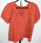 Rust Orange Eyelet Embroidered Puff Sleeve Button Front Blouse Boho Top 1X Size XL Photo 0