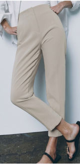 Zara Medium High Waisted Pleated Straight Leg Pants Cream Minimalist Cropped Photo 0